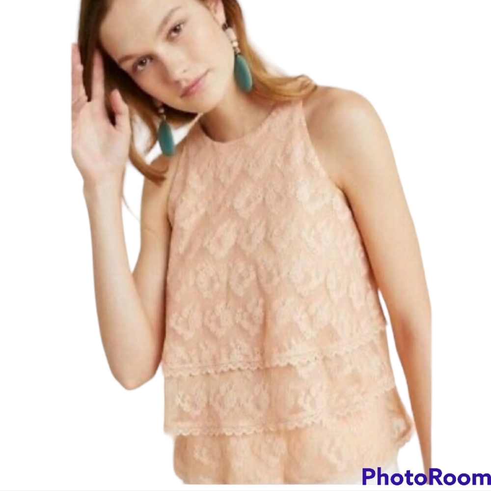 Anthropologie Lace Tiered Lined Swing Tank Top Peach Pink Crew Neck US 14